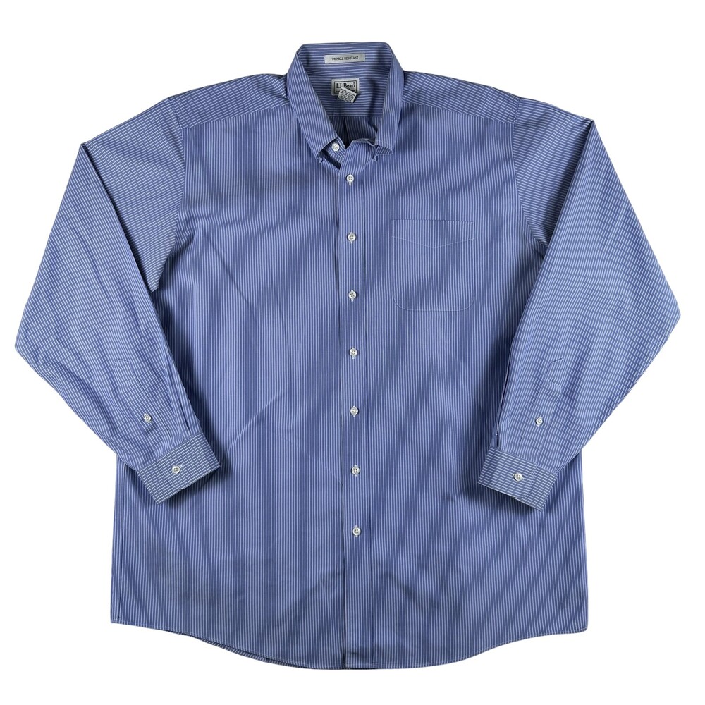 L.L. Bean Dress Shirt Mens 17.5 36/37 Blue Stripe Classic Fit Wrinkle Resistant